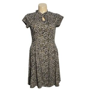 Miss Lulo Dress LARGE Black Cream Beige High Neck Keyhole‎ Fit Flare Neutral
